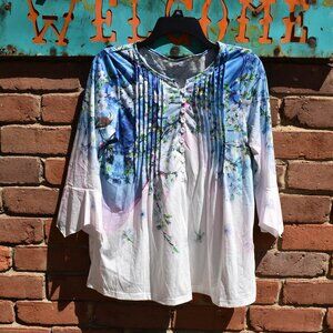 White & Blue Floral Henley Style Top Bell Sleeves
